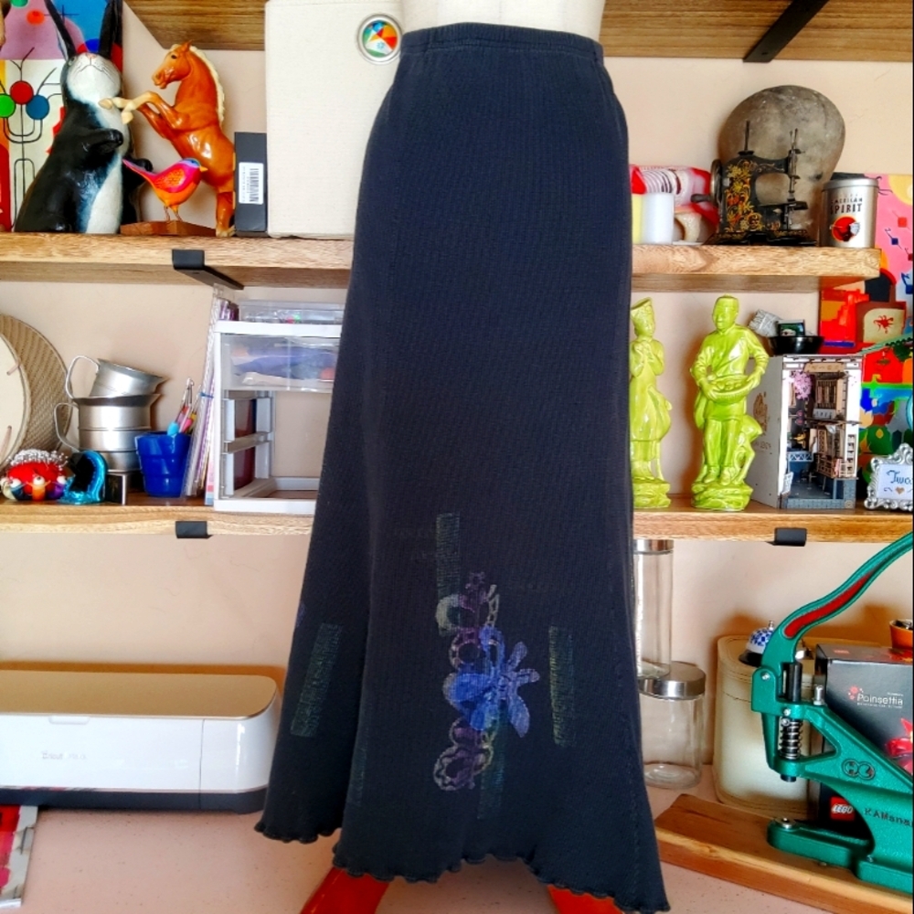 VNTG 90s Blue Fish Thermal Ribbed Gored Skirt With Stamped/Handpainting  1 (XL)